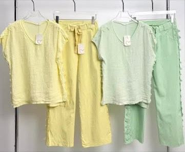 Matching linen sets in soft yellow and mint green